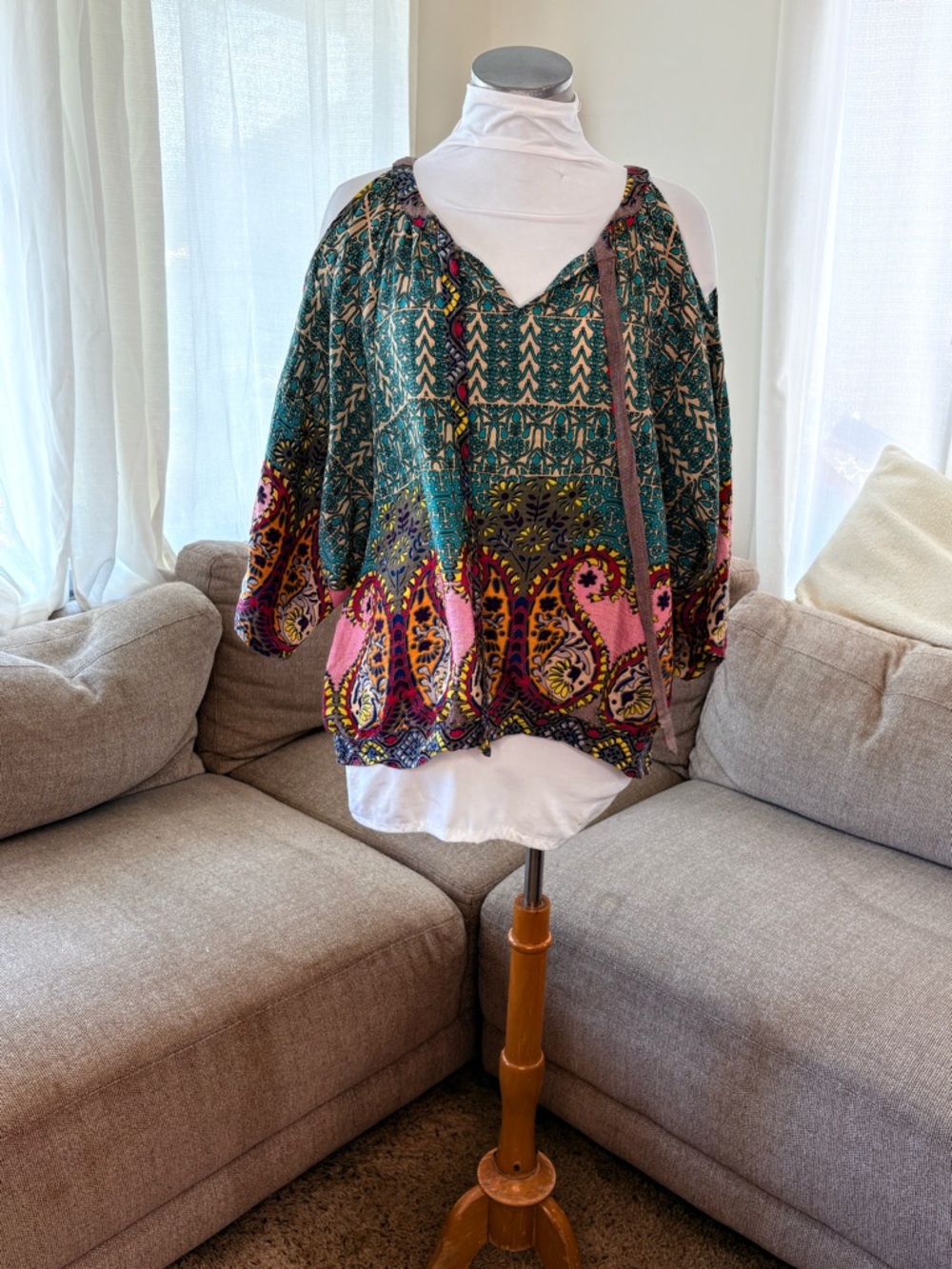 Umgee Green Pink Multicolor Paisley Peasant Top Cold Shoulder Balloon Sleeve XL - Picture 7 of 7
